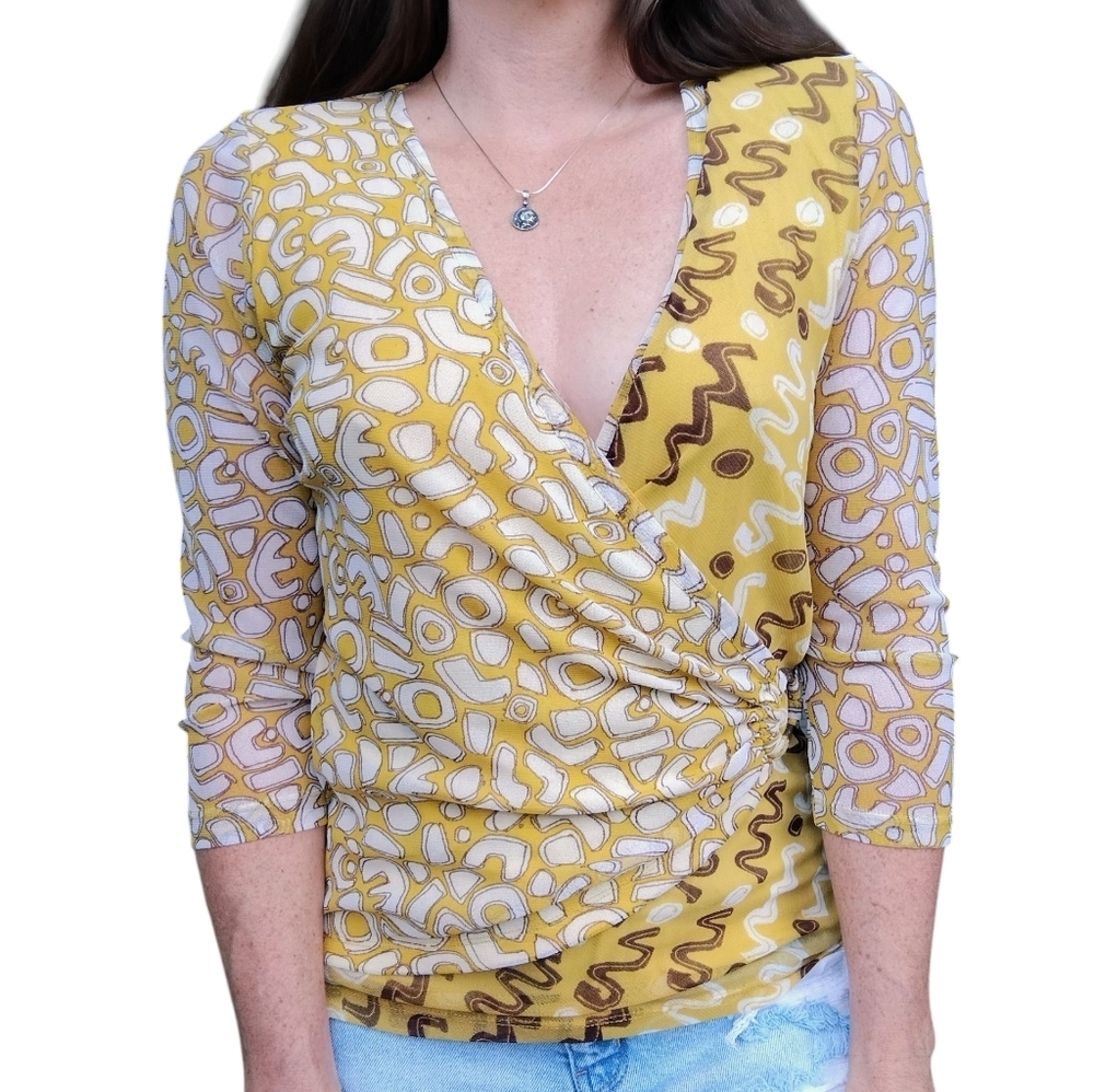 Dolcetti Y2K Sheer Wrap Top Womens‎ Medium Mesh Geometric Playful 90s Artsy